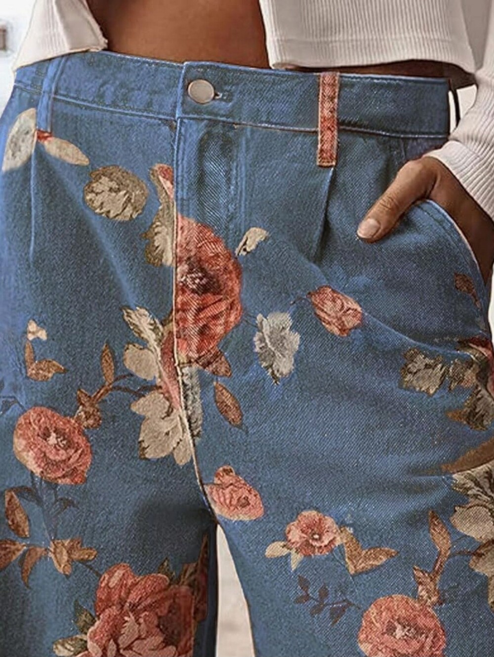 Loveimgs Mid Rise Cropped Wide-Leg Baggy Floral Ankle Jeans Size Large NWT - Picture 8 of 12